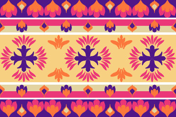 Blue and orange embroidery, motif ethnic ikat seamless textile illustration, print striped ornament, pattern, design for wrapping, silk, scarf, clothing, background, textile, carpets, curtains.