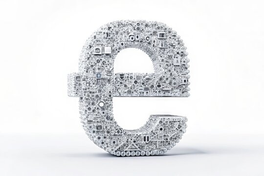 a sleek, modern, lowercase e character made up of tiny equations and formulas, on a clean white background,