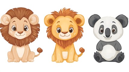 Two Adorable Lions and a Cute Panda Sitting Together