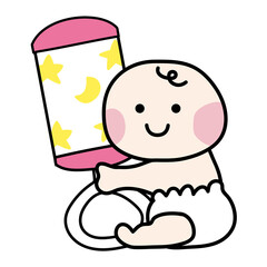 ピンクのガラガラを持っているほっぺの赤い赤ちゃん