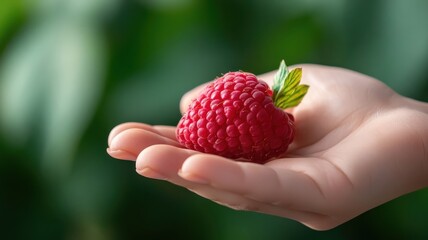 Hand holding a raspberry, focusing on its juicy texture and vibrant red color.