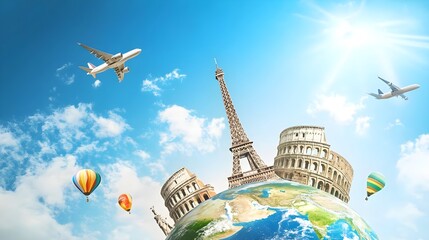 Naklejka premium A vibrant globe showcasing iconic landmarks and travel elements, perfect for representing global tourism and adventure.