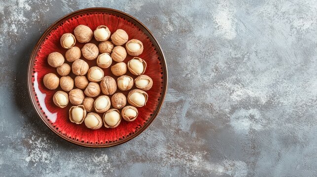 Against a rustic grey background, a red circular platter displays macadamia nuts with hard, woody shells. Food preparation for a ketogenic diet meal plan with an emphasis on a healthy diet and lifesty