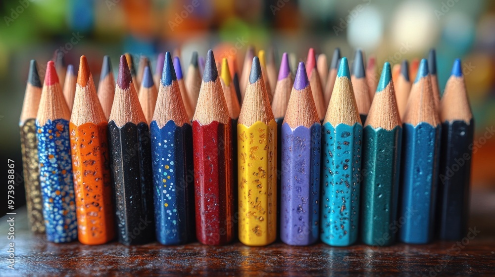 Poster a vibrant array of colored pencils arranged for artistic use.