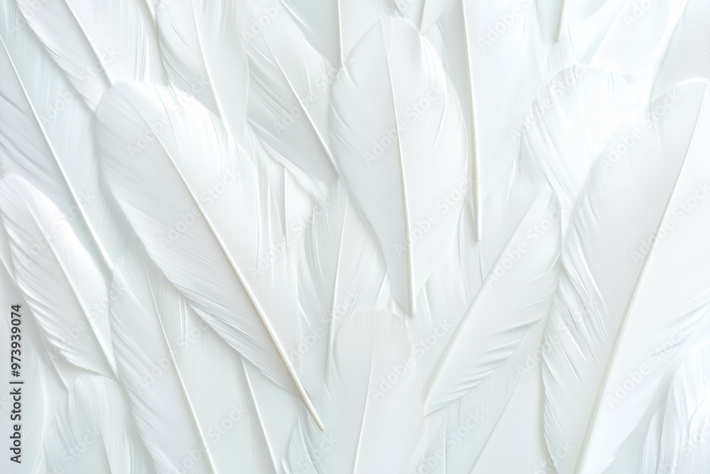 Poster delicate white feathers arranged intricately on a soft surface for artistic display
