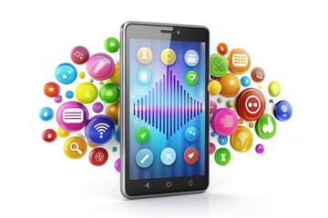 A sleek, modern smartphone with a bright screen displaying a stylized waveform, surrounded by colorful icons and