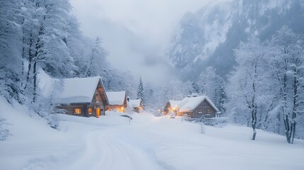 Picturesque snowy village nestled in rugged mountain terrain, the calm of falling snow enhancing the cozy atmosphere of cabins, misty morning light