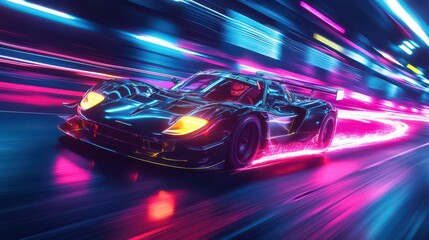 Fototapeta premium A fast car racing through urban streets, the glow of neon lights trailing behind in the night
