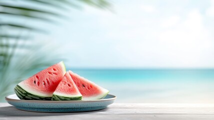 Fresh watermelon sliced and served on a plate, with a relaxing seaside backdrop.