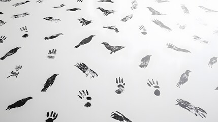 Black Ink Silhouettes of Birds and Handprints on White Background
