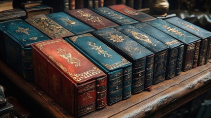 A collection of ornate, vintage books on a wooden surface.