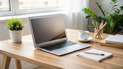 A sleek, modern white laptop computer sits on a minimalist wooden desk, surrounded by scattered papers and a