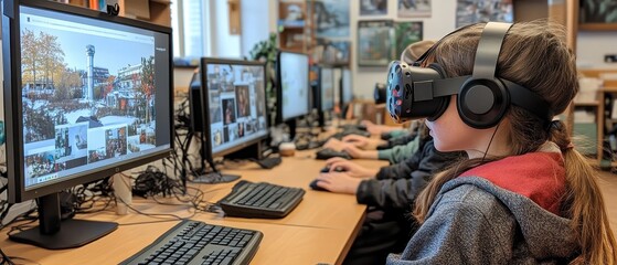 A young girl experiences virtual reality in a modern tech lab, immersed in digital worlds while others engage at nearby computers.