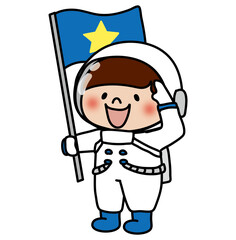 宇宙服を着て旗を持って敬礼している子供