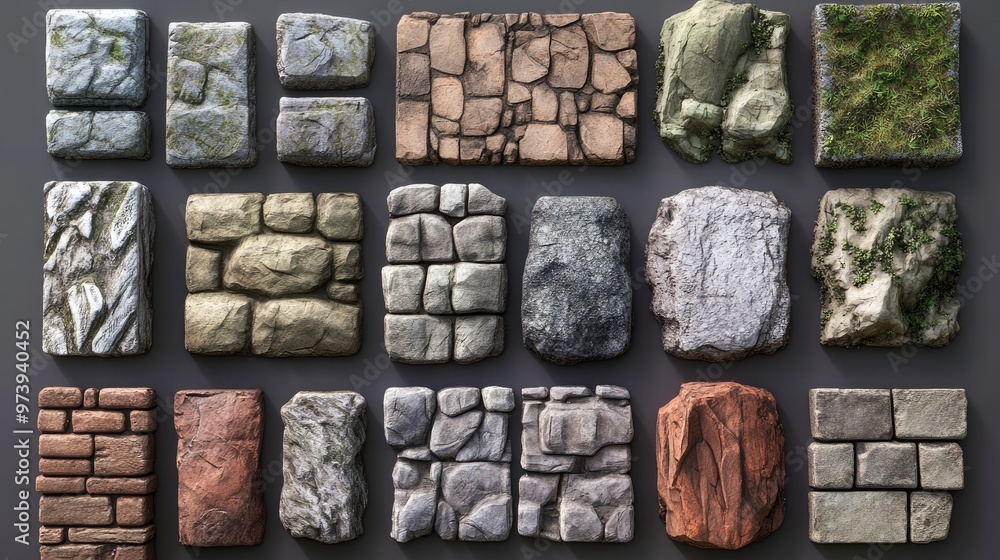 Poster a level builder asset featuring various stone and rock textures for game backgrounds