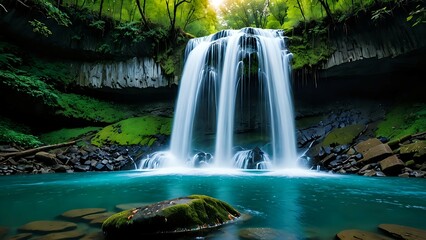 blue and yellow billed toucan,sunset in the mountains,garden with water, flowers in water