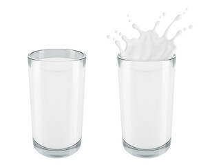 Set Of Milk In Glass Splash 3D Rendering