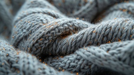 Close-up of soft grey knitted fabric with gold glitter.