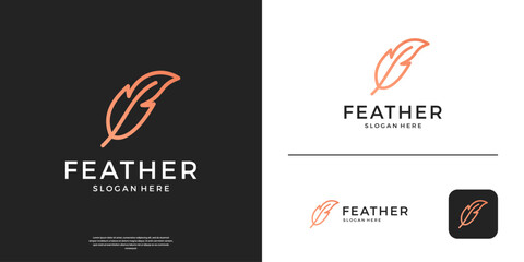 Minimalist feather pen logo template. Linear quill pen vector illustration.