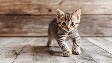 Adorable striped kitten exploring a rustic wooden floor, full of curiosity and charm, perfect for pet lovers.