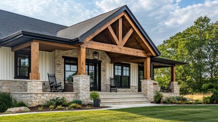 Rustic farmhouse exterior with wooden beams, stone accents, and a welcoming front porch with rocking chairs.