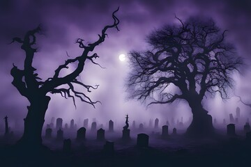 Twisted tree silhouettes embrace a fog laden graveyard dark sovereign of the land, AI Generated