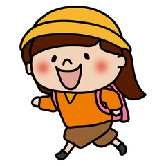 ランドセルを背負って通学帽子をかぶって走る子供（女の子2）