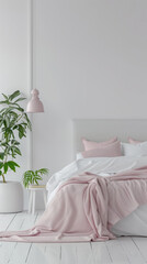 bedroom interior decor bed pink cozy plant white minimal modern lamp design pillows blanket home wall style comfort furniture relaxation peaceful elegant 