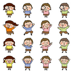 全身の子供の虫眼鏡ジャンプ指差しバンザイのポーズ一覧