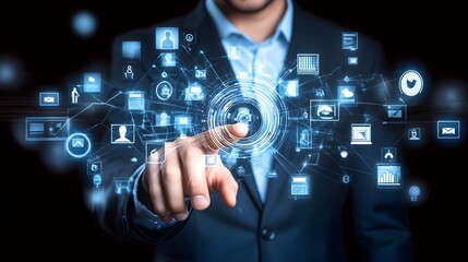 Businessman interacting with digital interface, showcasing technology and innovation in the digital age.