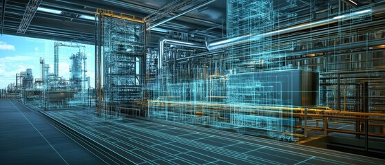 Fototapeta premium Futuristic industrial facility featuring advanced technology and digital infrastructure in a vast, open environment.