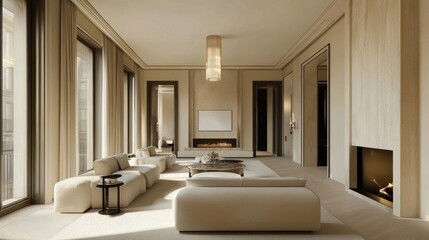 Spacious living room with minimalist design, featuring a grand chandelier, plush seating, and a marble fireplace in a sleek, modern space.