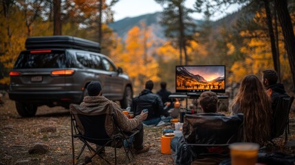 Friends are watching a live game on a smart TV in the back of a camping SUV.