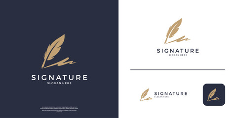 Feather pen signature logo design template.