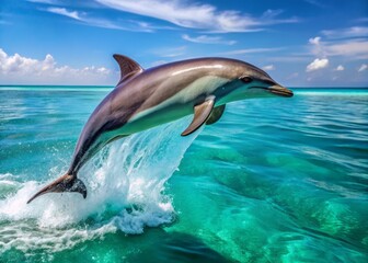 Fototapeta premium A sleek spinner dolphin leaps out of the turquoise ocean, its gray and white body glistening in the