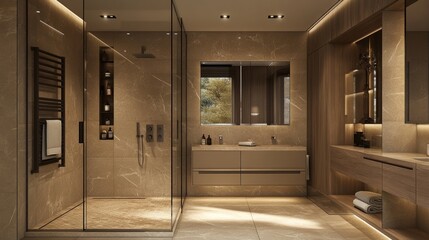 Stylish contemporary bathroom with large mirrors, a walk-in shower, and a warm color palette of beige and wood tones.