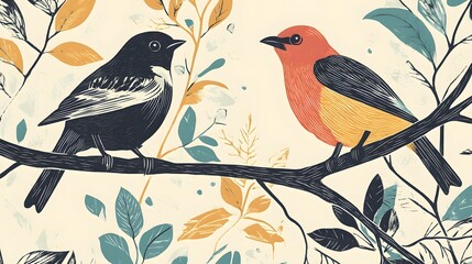 Two Birds Perched on a Branch with Abstract Leaves