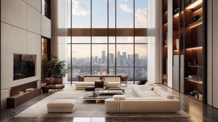 Ultra-luxury living room with modern furniture, a custom-made rug, and a panoramic window offering views of the city skyline.