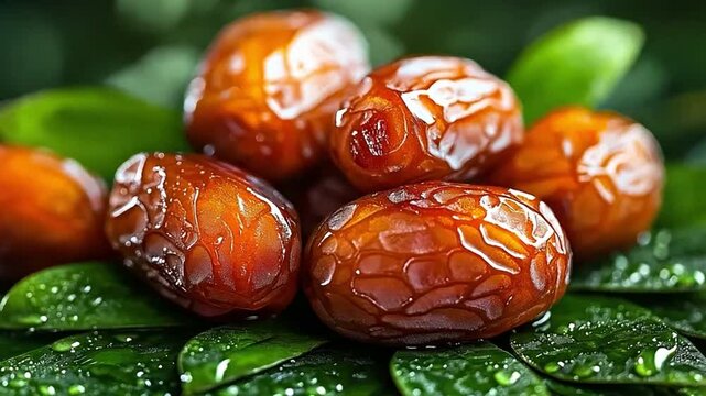 close-up of ripe, glossy dates resting on vibrant green leaves, highlighting their natural texture and freshness.