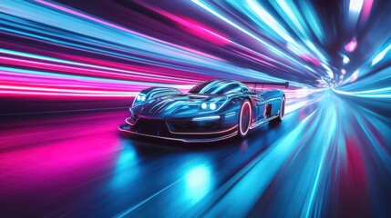 A fast car races down neon-lit streets, the light trails blending into the motion of speed