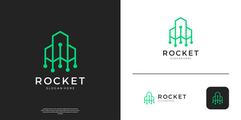Linear rocket tech logo. Abstract circuit dot symbol logo template.