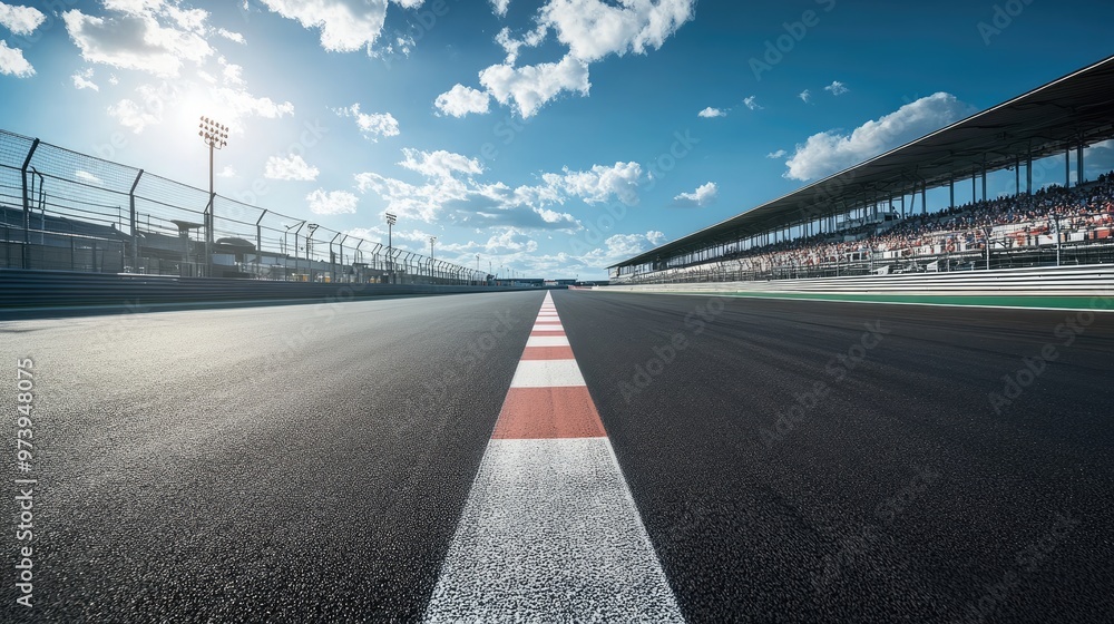 Poster a panoramic view of an empty asphalt race track with a bright starting line and finish line.