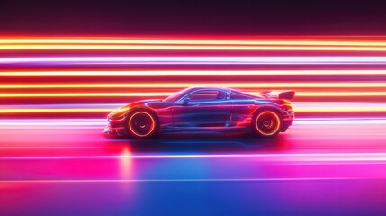 A fast car zooms past, the neon lights creating a blur of glowing lines behind it