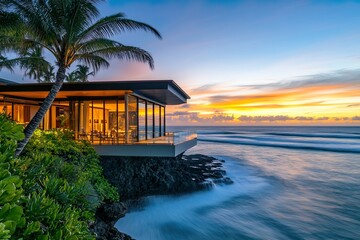 Fototapeta premium Sunset view of a modern coastal home.