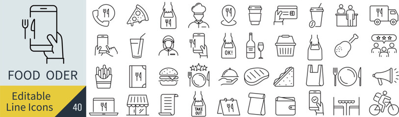 線の編集ができる食事に関するアイコンセット（アウトライン化していない）