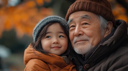 An elderly Asian man and his grandchild sitting closely on a simple wooden bench, the grandchild resting their head on the patient shoulder.