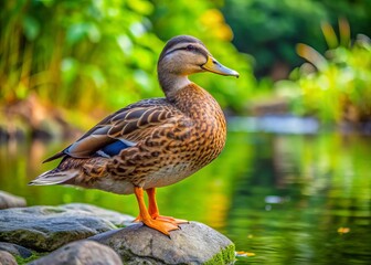 Fototapeta premium A small, brown-feathered duck with a greenish-yellow beak and legs, stands on a rocky edge of a serene
