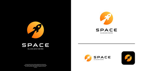 Modern rocket logo. Simple flying rocket on negative space circle.
