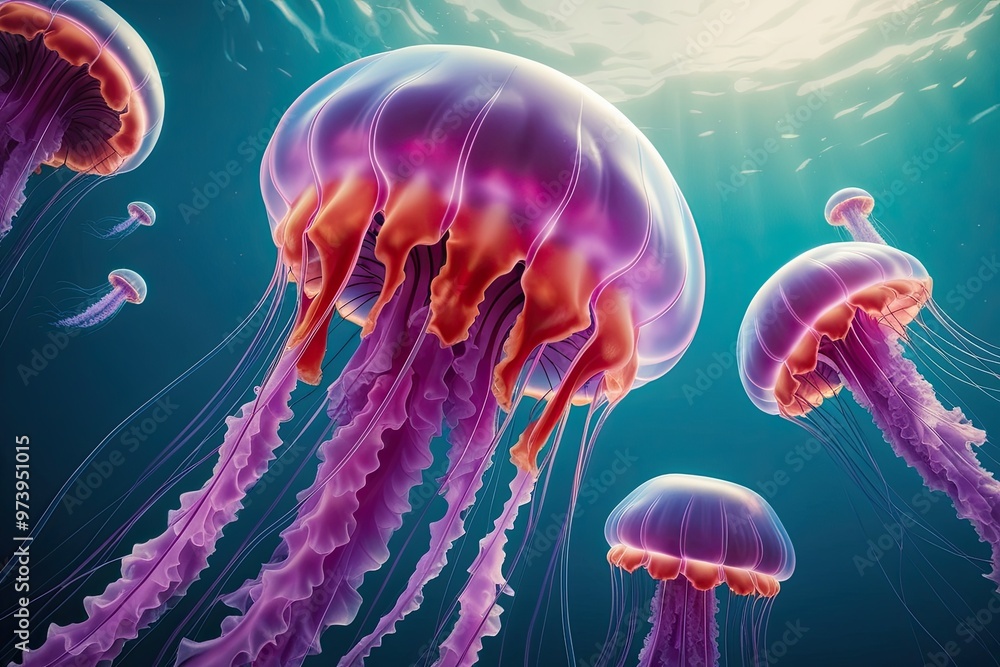 Poster 3d visualization of colorful bioluminescent jellyfish with pulsing translucent movements