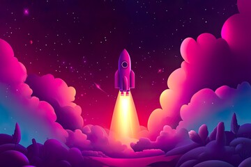Fototapeta premium Rocket launching into a colorful cosmic scene.